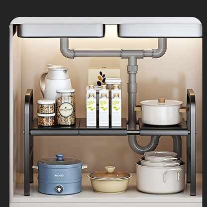 Expandable Two-Tier Under-Sink Organizer with L-Shaped Frame, Removable Panels and Hanging Basket Options