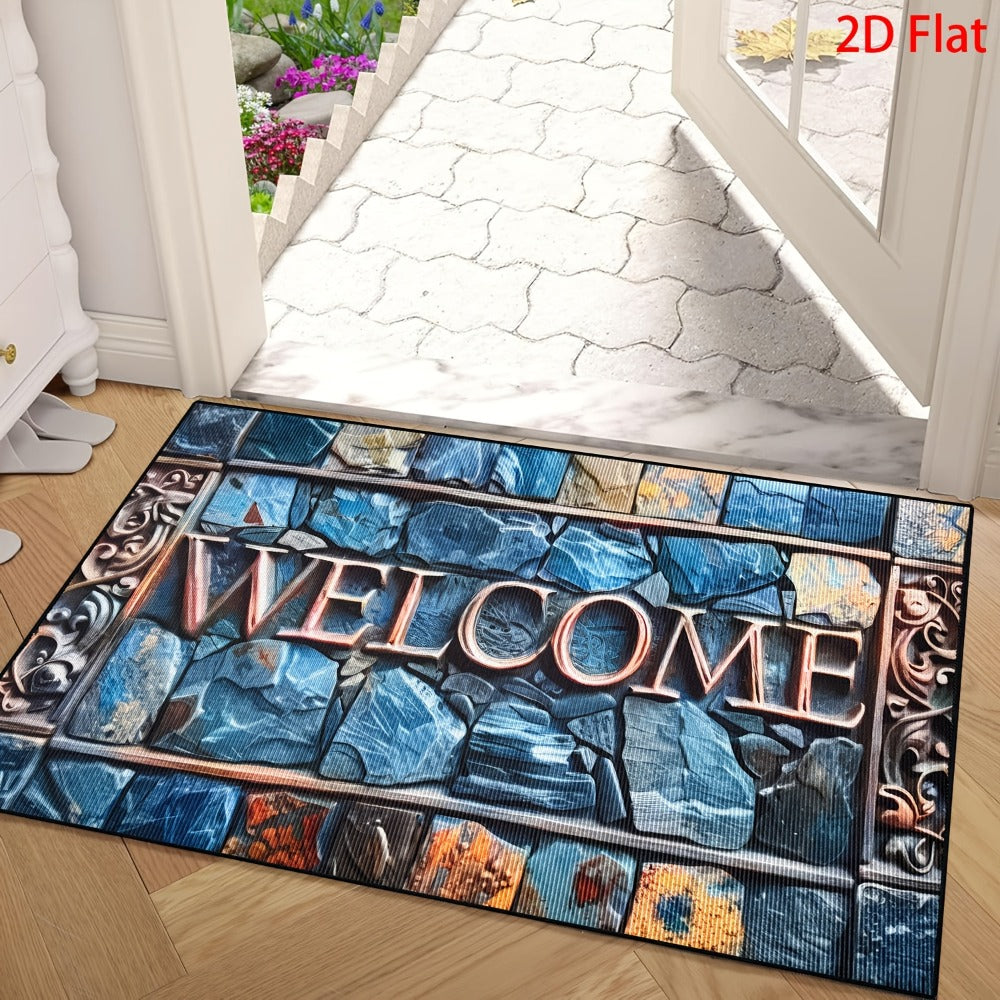 Blue Mosaic Stone Welcome Doormat in 40 x 60 or 50 x 80cm Rectangular Size Options Pictured