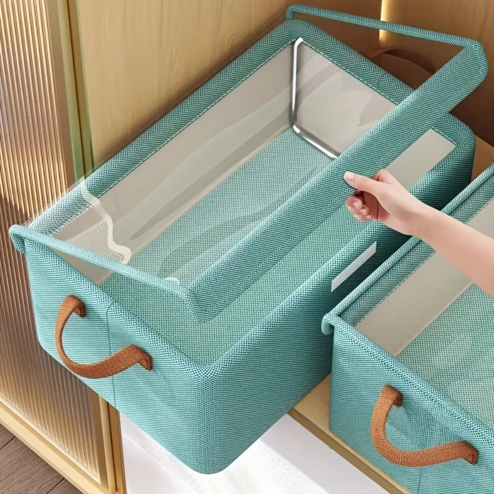 Six-Pack Foldable Fabric Storage Boxes with Clear Lids, Handles and Green, Beige or Gray Color Options