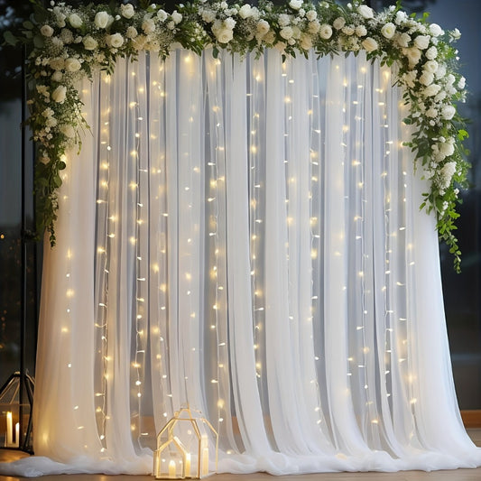 White Sheer Photography Backdrop Set with Two 5.2 x 10 ft Panels, USB String Lights and 10 Clips