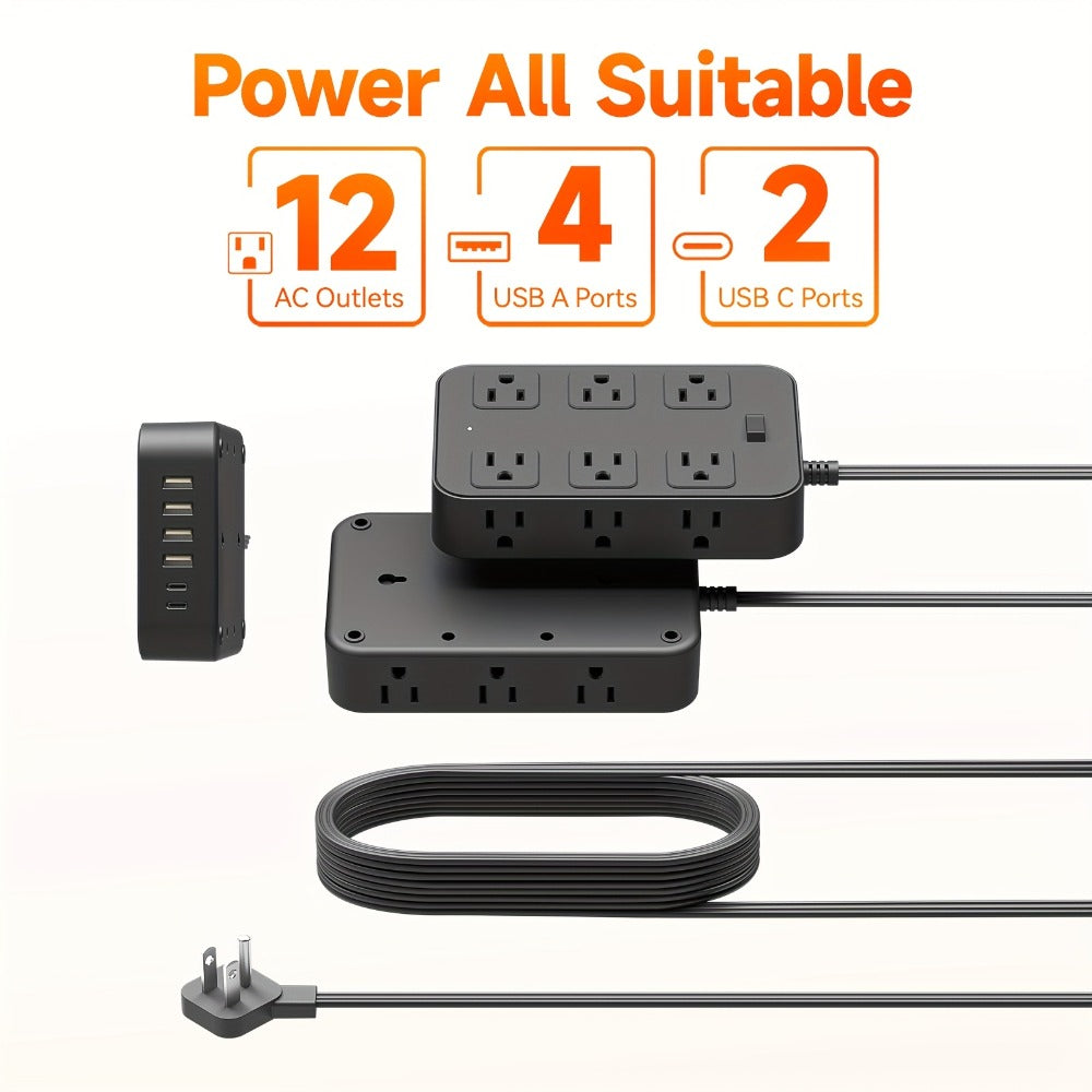 Wide Outlet Surge Protector Power Strip 18-in-1 with 12 Widely Spaced AC Outlets 4 USB-A 2 USB-C Ports Safe Portable Desktop Charging