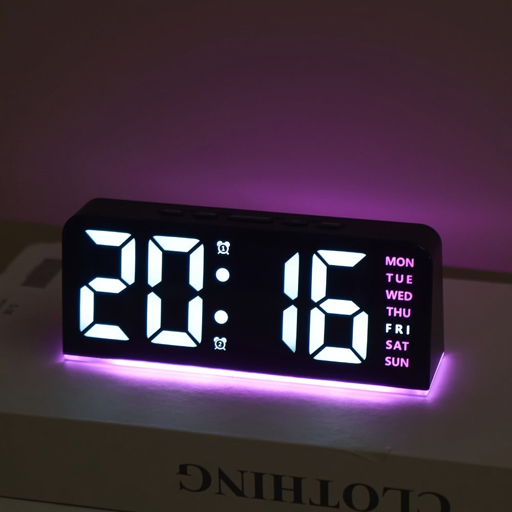Purple-Accent LED Desk Alarm Clock with Time, Weekday and Date Display, Four Brightness Levels and USB Power