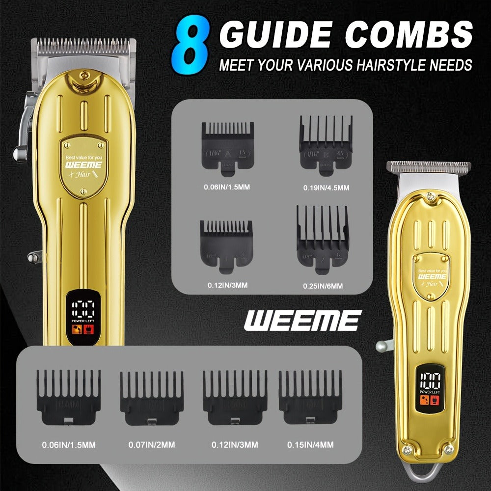 Hair Clipper WEEME 819 Gold or Silver Two-Tool Set with LCD Displays, USB Charging and Eight Guide Combs