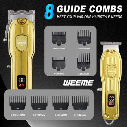 Hair Clipper WEEME 819 Gold or Silver Two-Tool Set with LCD Displays, USB Charging and Eight Guide Combs