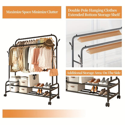Double Rod Clothes Rack with Wheels Metal Garment Rack with Shelves and Hooks Portable Closet Organizer for Bedroom Living Room Gold