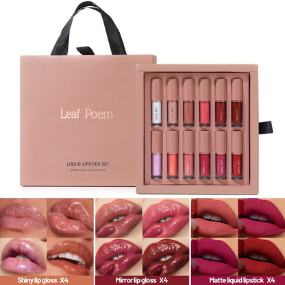 12-Piece Velvet Matte Lipstick Set Mirror Finish Waterproof High Pigment, for Makeup, Travel and Everyday Vanity Use