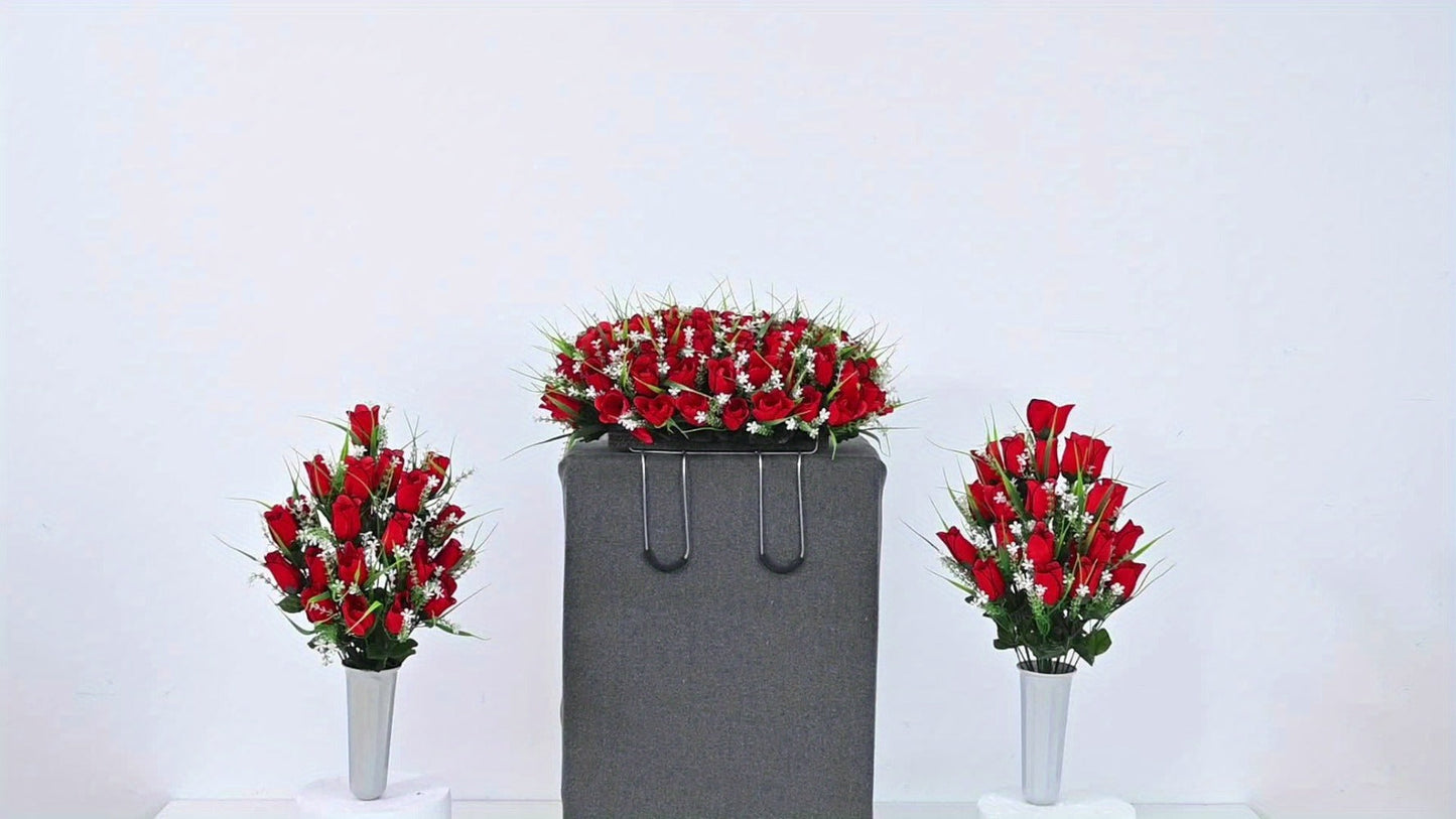 Artificial Flowers Silky Red Rose Memorial Set with Top Saddle, Side Vases or Three-Piece Option