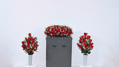 Artificial Flowers Silky Red Rose Memorial Set with Top Saddle, Side Vases or Three-Piece Option