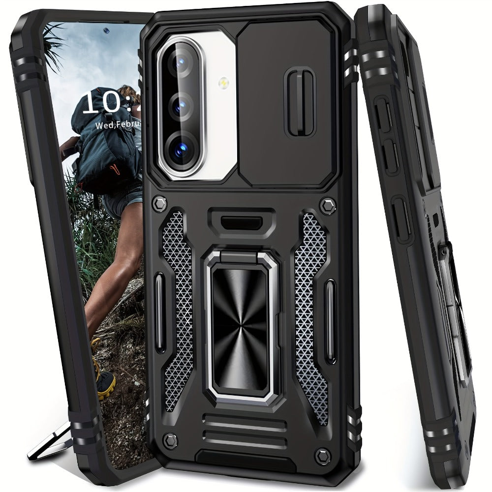 Samsung Galaxy Shockproof Magnetic Phone Case with 360° Rotating Ring Bracket & Sliding Lens Protector – Heavy Duty Cover for S24FE S23FE
