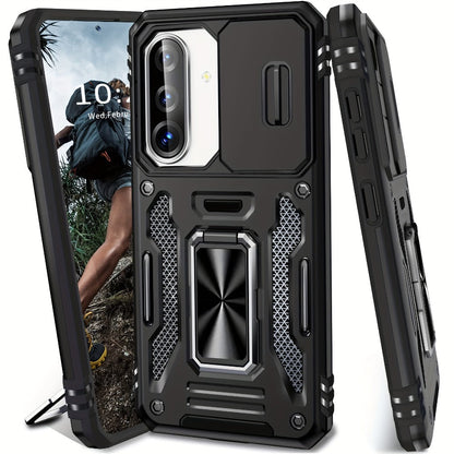 Samsung Galaxy Shockproof Magnetic Phone Case with 360° Rotating Ring Bracket & Sliding Lens Protector – Heavy Duty Cover for S24FE S23FE
