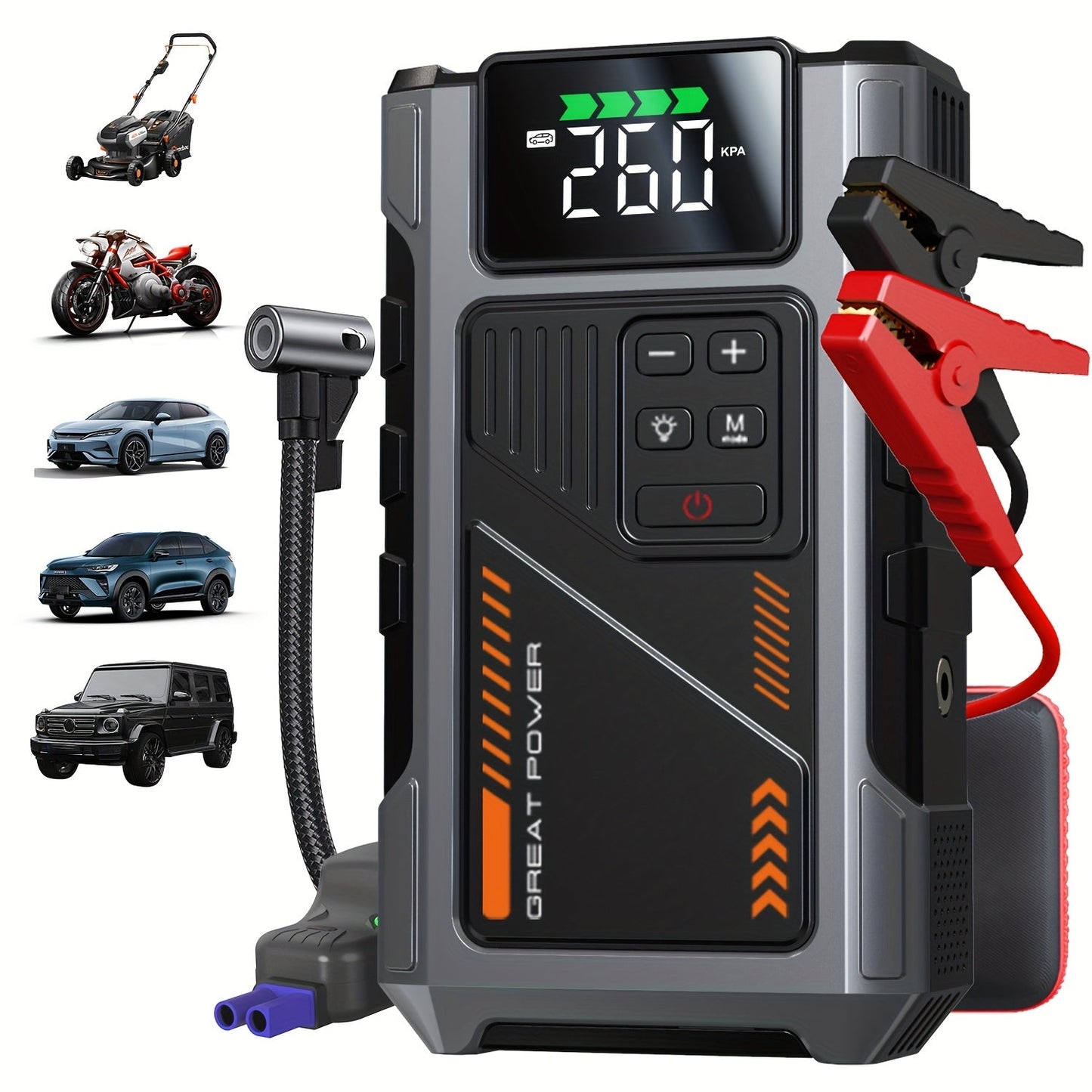 5000A Peak Jump Starter with Air Compressor 150PSI Digital Tire Inflator for 12V Gas Diesel Vehicles – Portable Car Battery Booster USB