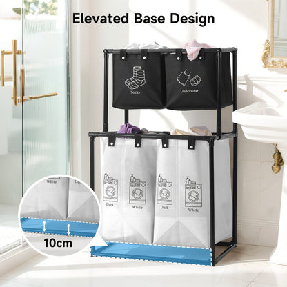 Two-Tier Laundry Sorter Hamper with Upper Compartments, Four Removable Lower Bags and Elevated Frame