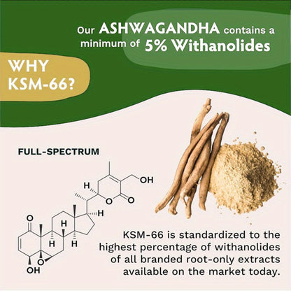 KSM-66 Ashwagandha 1200mg Extra Strength 120 Capsules for Stress, Mood Support & Anxiety, Adaptogen Supplement for Men & Women