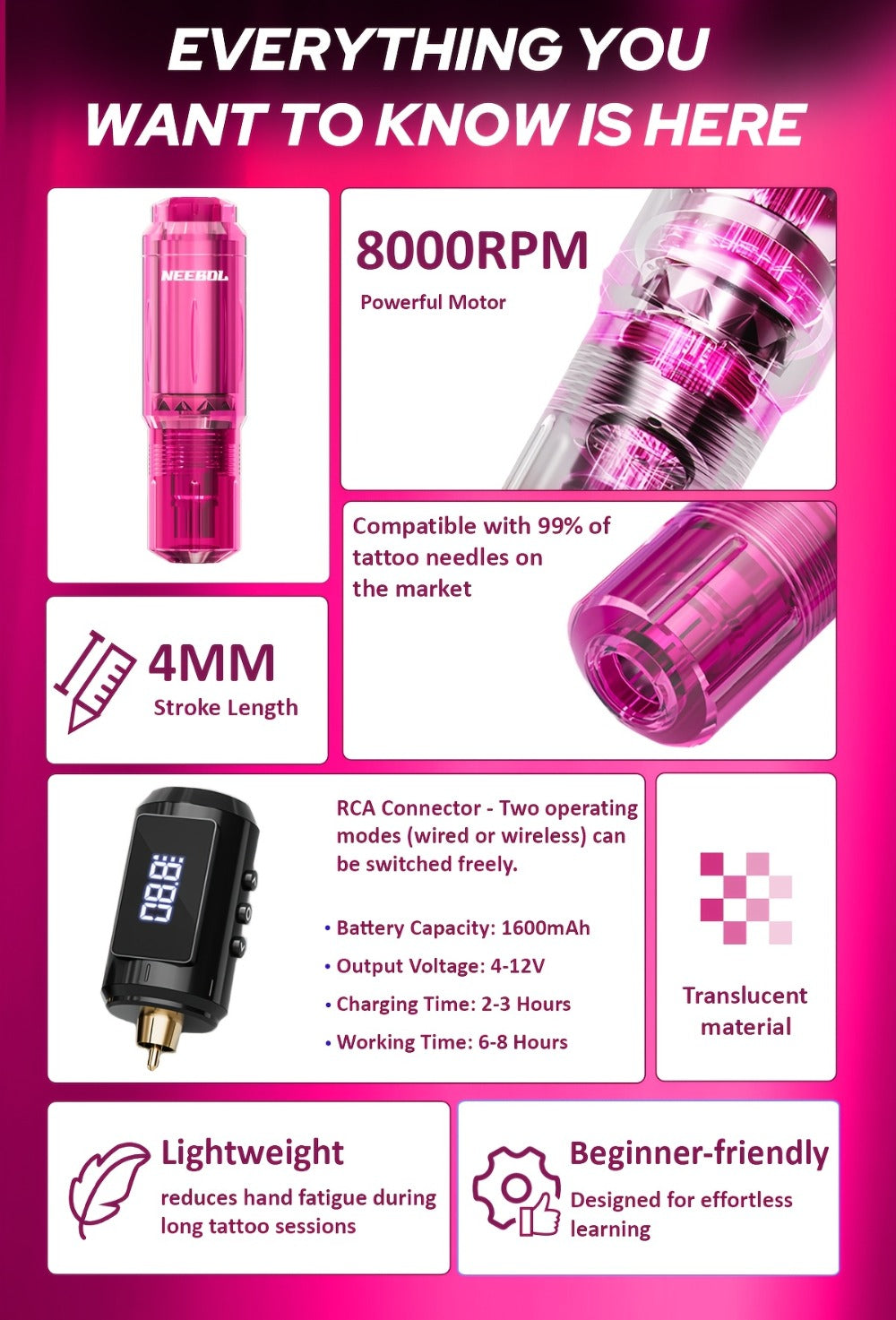 Tattoo Machine Kit Neebol A-07, A-07 Pro or B-08 Cordless Pen with 1600mAh Battery, 20 Cartridges and 8 Inks