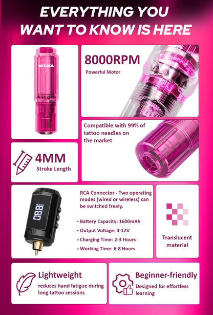 Tattoo Machine Kit Neebol A-07, A-07 Pro or B-08 Cordless Pen with 1600mAh Battery, 20 Cartridges and 8 Inks