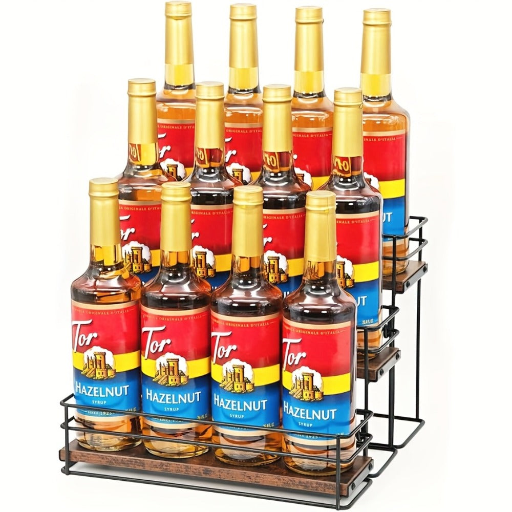 3-Tier Metal Bottle Rack Countertop Organizer – No-Install Syrup Holder for Coffee Bar, Wine & Whiskey Display Stand, Holds 12 Bottles