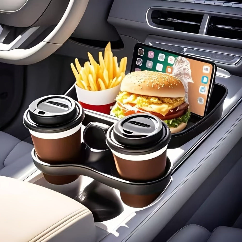 Rotating Car Cup Holder Expander with Dual Drink Rings, 4.3 x 6 Inch Tray, Adjustable Base and Black Finish