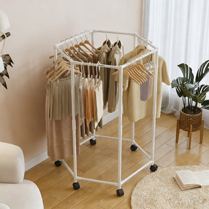 White Four-Sided Rolling Clothing Rack with Multiple Hanging Rails and 120 x 35 x 35 cm Frame