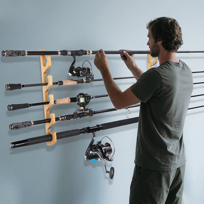 Wall-Mounted Wooden Fishing Rod Rack – 5-Hole Horizontal Rod Holder for Garage, Ceiling & Wall | Solid Wood Fishing Pole Storage Bracket