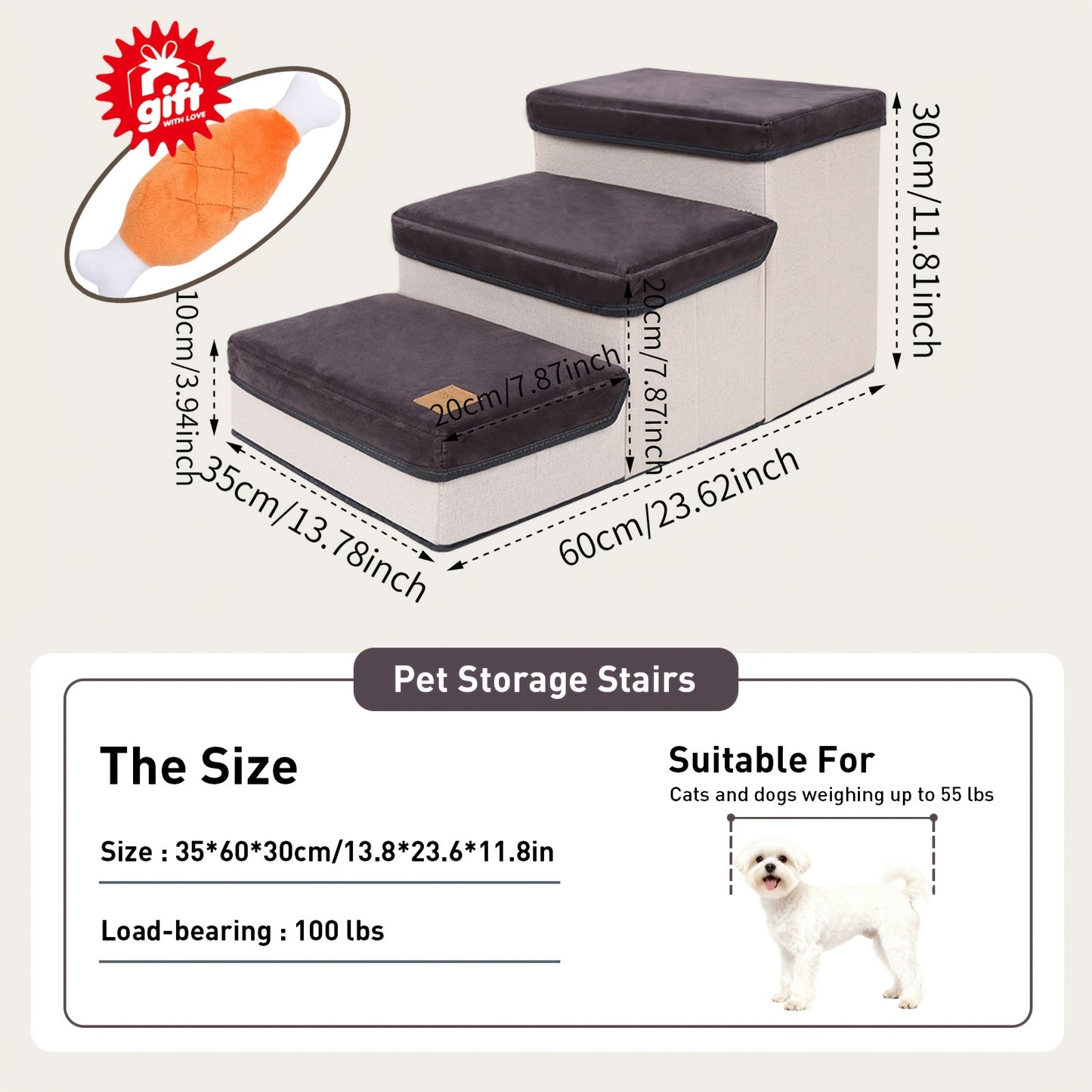 Dog Stairs for High Beds 3-Tier Foldable Pet Steps with Non-Slip Surface & Plush Chicken Leg Toy | Nylon Dog Ramp for Small & Extra Small