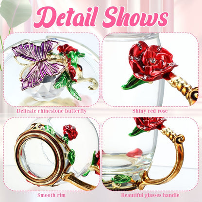 Flower Glass Tea Cups with Lids and Spoon Set of 4, Butterfly Floral Vintage Clear Glass Mugs 11oz