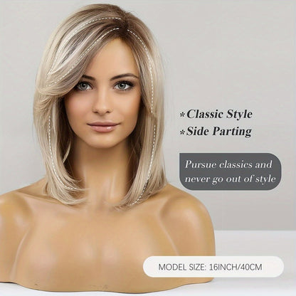 Synthetic Wig 16-Inch Mixed White-Golden Straight Style with Adjustable Rose Net Cap for Costume Looks