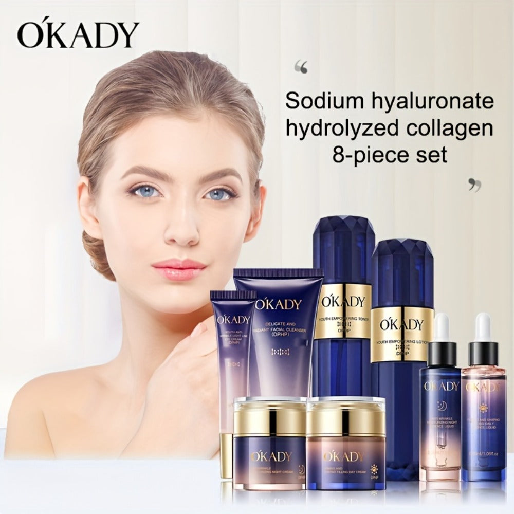 Skincare Set with OKADY Label, 8 Collagen and Hyaluronic Acid Product Items in Blue Gold Gift Box