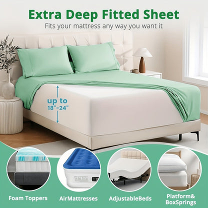 Bamboo Cooling Sheet Set 4pcs, Deep Pocket Fitted Sheet Flat Sheet Pillowcases for Hot Sleepers Twin Full Queen King