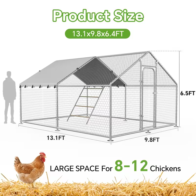 Dog Kennel Outdoor Large Metal Walk-in Chicken Run Pen Poultry Cage with Anti-UV Cover Movable Rack for Garden, Patio and Yard Use