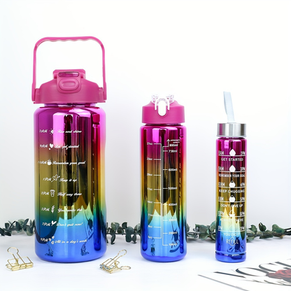 Electroplated Sports Water Bottle Set 3-Pack 64oz 27oz 15oz | Leak-Proof Gradient Bottles with Straw & Time Marker for Gym Office School
