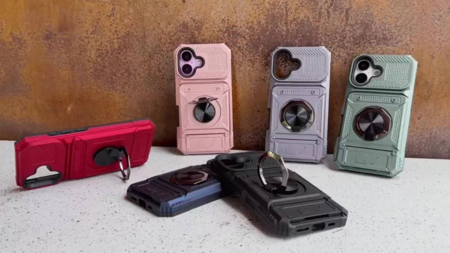 Phone Case Dual-Card Hard Shell Cover with 360-Degree Ring Kickstand for Select iPhone 14, 16 and 17 Models