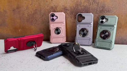 Phone Case Dual-Card Hard Shell Cover with 360-Degree Ring Kickstand for Select iPhone 14, 16 and 17 Models