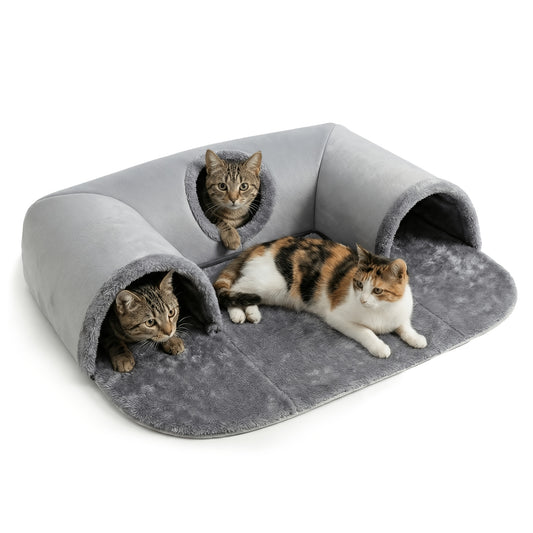 Cat Tunnel Bed 3-in-1 Play Mat & Warm Nest with Non-Slip Base, Durable Chew-Resistant Polyester Cat Bed for Indoor Cats