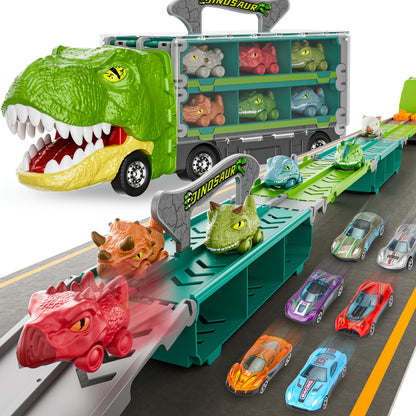 Dinosaur Truck Toys 13-in-1 Transport Carrier with 63-Inch Foldable Race Track, 6 Dino Cars + 6 Die-Cast Cars