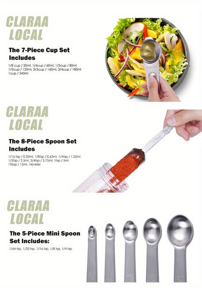 Measuring Cups and Spoons Set Stainless Steel 13-Piece 20-Piece with Leveler Baking for Home Cooking, Dining and Outdoor Meals