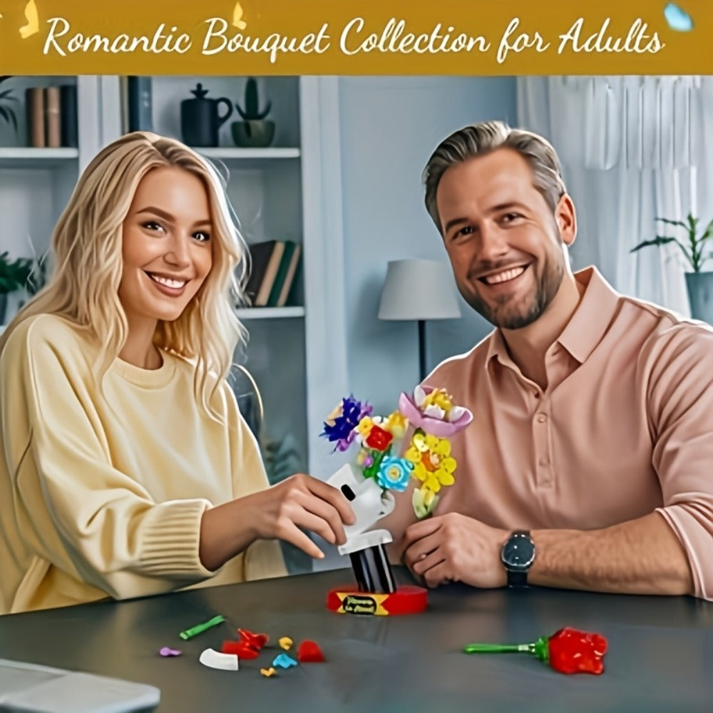 DIY Flower Bouquet Building Blocks Set with Display Stand – Multicolor Brick Flower Maker Home Decor Never Wilts Mother's Day Valentine's