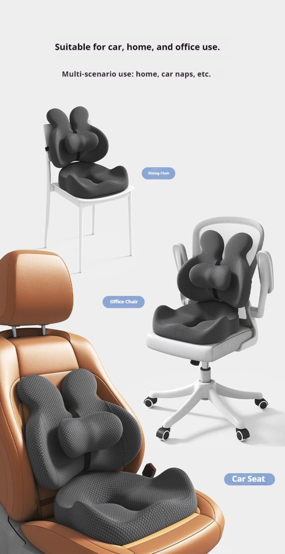 Two-Piece Contoured Seat and Lumbar Cushion Set with Adjustable Chair Straps and Three Colors