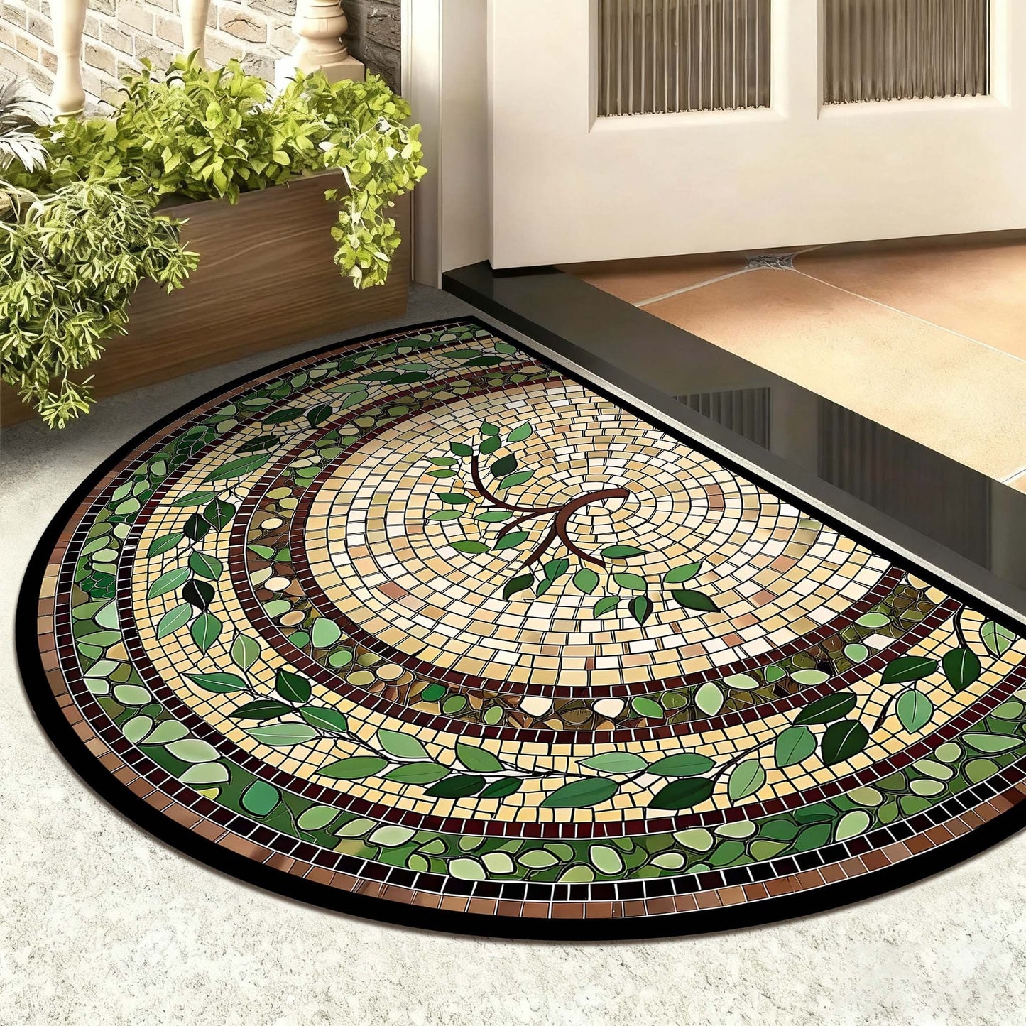 Non-Slip Bathroom Rug Semicircle Bath Mat, Crystal Velvet Soft Absorbent Floor Mat, Vintage Mosaic Vine Pattern