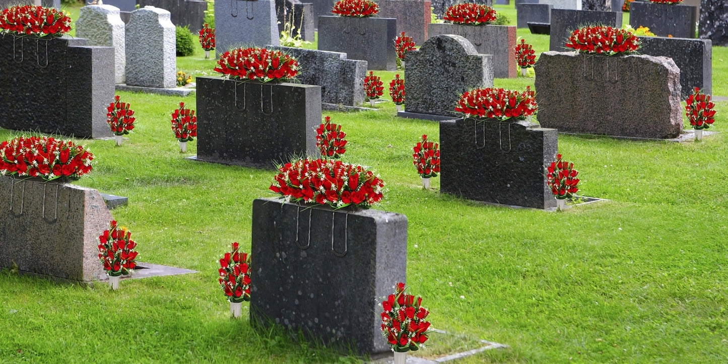 Artificial Flowers Silky Red Rose Memorial Set with Top Saddle, Side Vases or Three-Piece Option