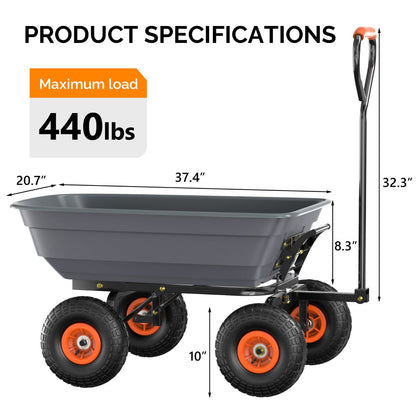 Garden Cart Dump Wagon, 4-Wheel Poly Cargo Cart with 2-in-1 Handle for Garden, Farm, Lawn and Yard Hauling