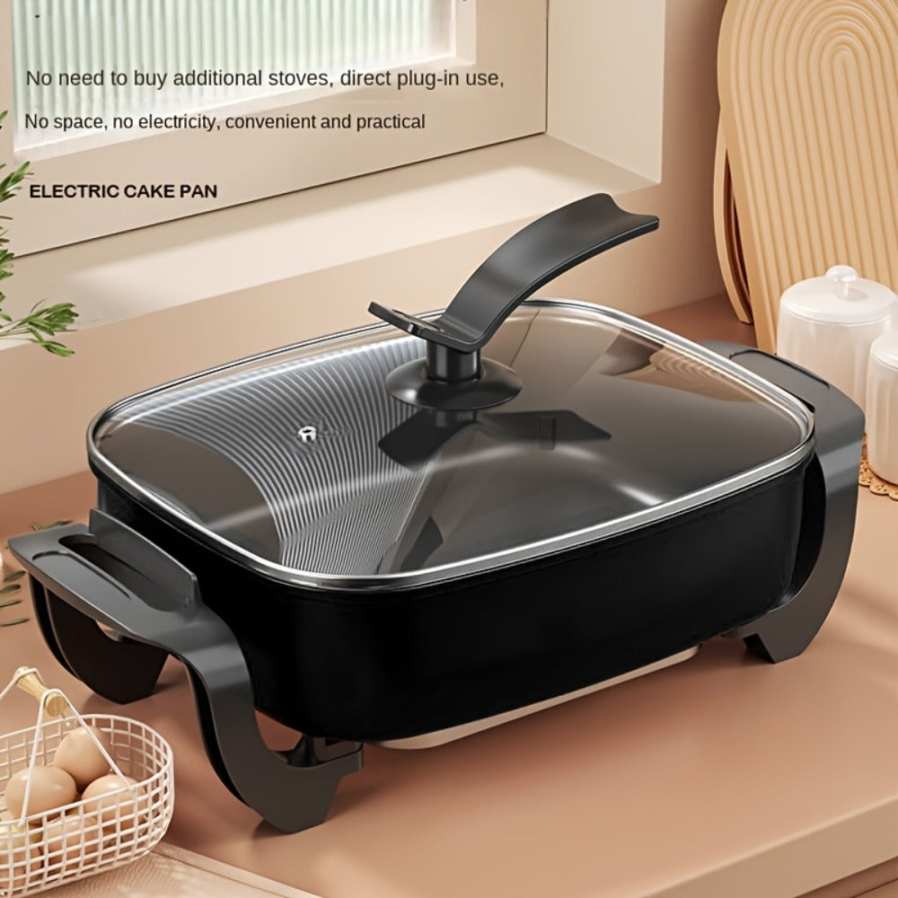 Electric Ceramic Non-Stick Pot 12x12 Inch 1500W Square Skillet with Glass Lid Adjustable for Home Cooking, Dining and Outdoor Meals