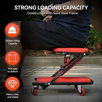 Rolling Mechanic Creeper Stool 300 lb – Foldable Z-Shape 3-in-1 Crawler Seat & Sliding Work Stool with 6 Swivel Casters