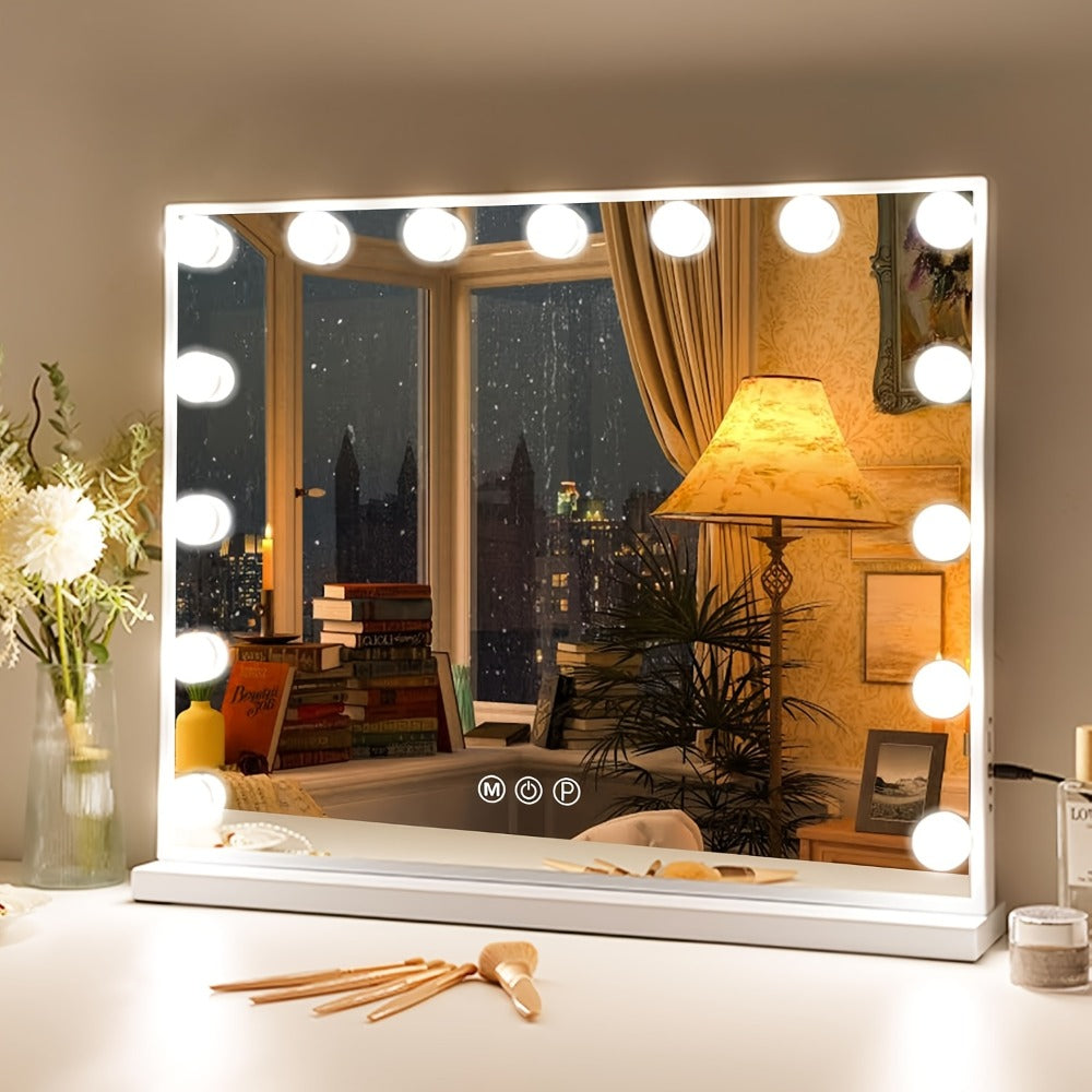 Hollywood Vanity Mirror with 15 Dimmable Bulbs, 23 x 18 Inch Frame, Three Light Colors and USB Port