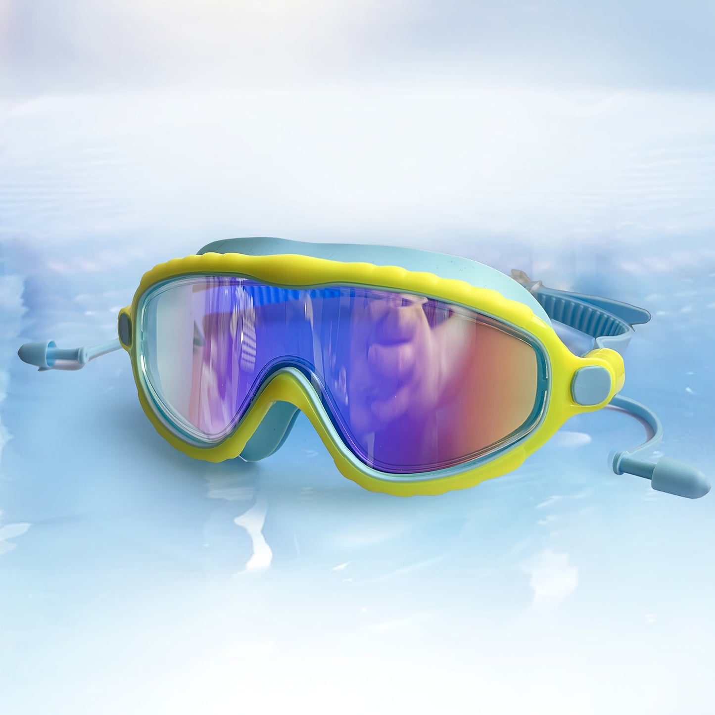 Kids Wide-Lens Swim Goggles with Attached Earplugs, Adjustable Strap and Blue or Pink Frame
