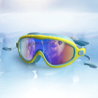 Kids Wide-Lens Swim Goggles with Attached Earplugs, Adjustable Strap and Blue or Pink Frame