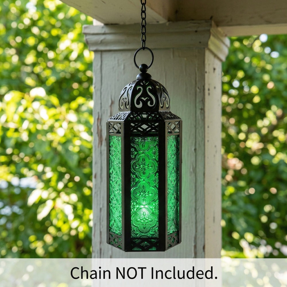 Moroccan Candle Lantern Holder - Decorative Metal & Glass Lantern with Embossed Floral Design for Indoor Home Decor
