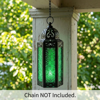 Moroccan Candle Lantern Holder - Decorative Metal & Glass Lantern with Embossed Floral Design for Indoor Home Decor