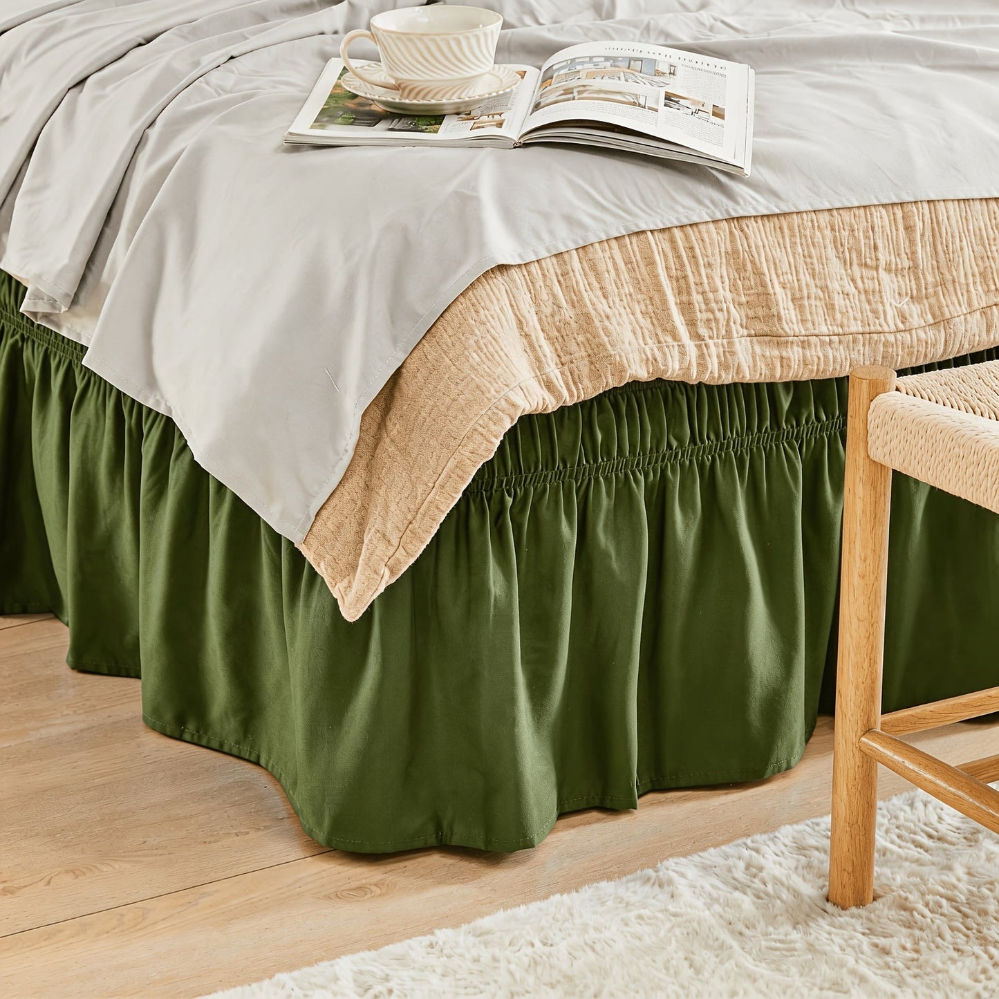 Bed Skirt Elastic Wrap Around Ruffle – 15 Inch Drop Microfiber Dust Ruffle, Adjustable No-Lift Fit, Fade Resistant Machine Washable