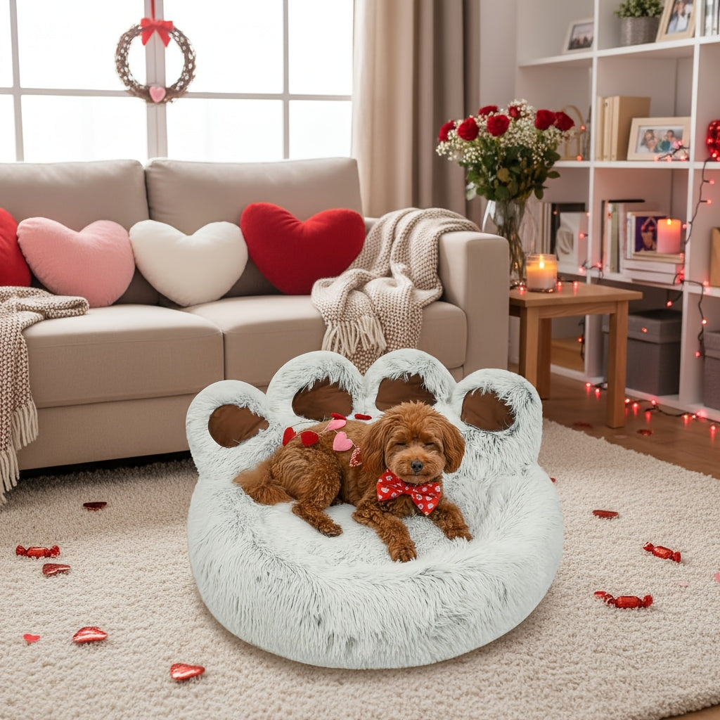 Dog Bed Cat Bed Bear Paw Shaped Donut – Calming Round Plush Pet Mattress, Warm & Soft Cuddler Bed for Dogs and Cats, Includes Pet Scarf