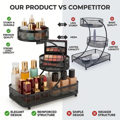 Three-Tier Metal Mesh Countertop Organizer with Black or White Finish and Optional Hooks or Spray Bottles